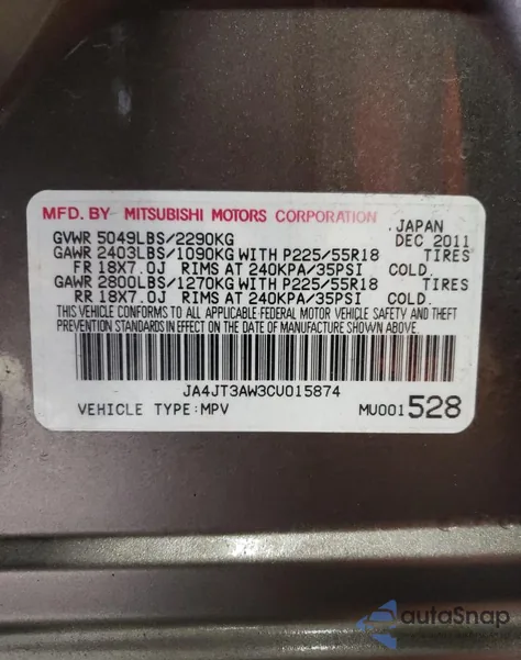 2012 Mitsubishi Outlander Se из США, поврежденный, VIN JA4JT3AW3CU015874
